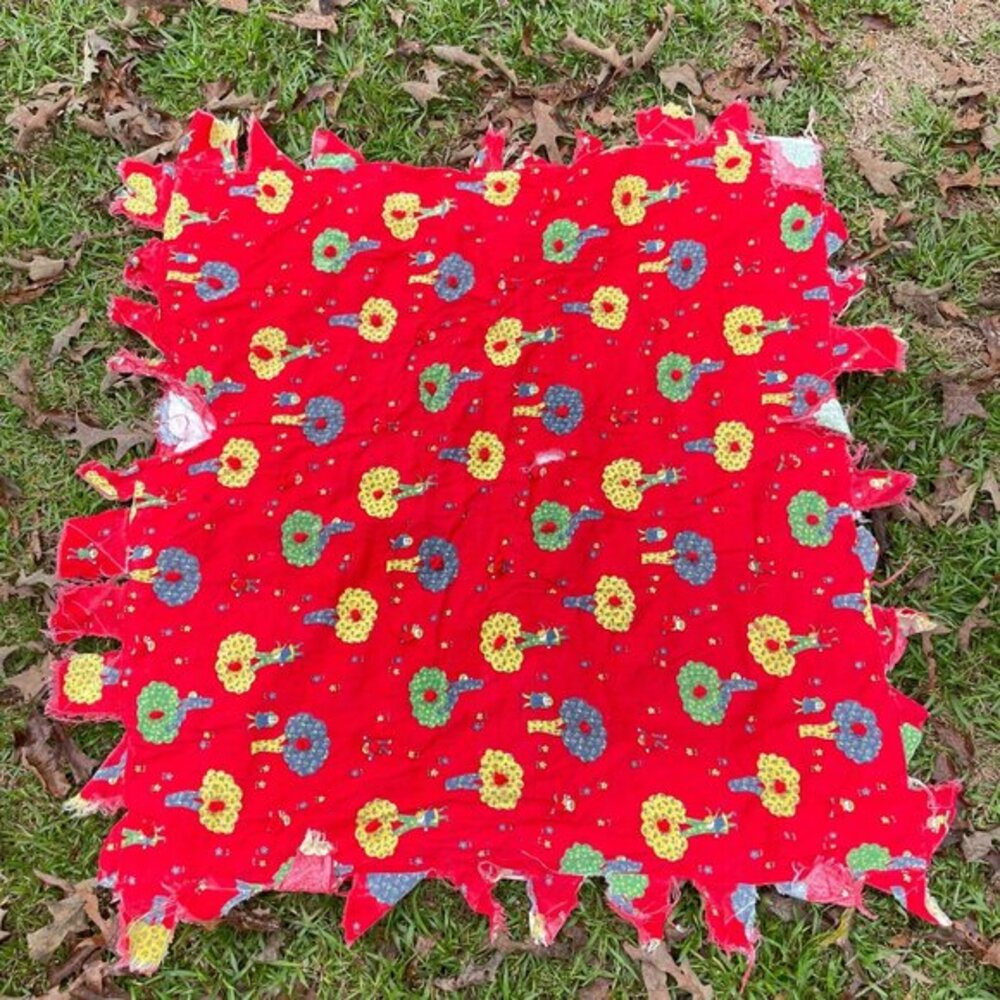 Vintage 70's Corduroy‎ Fabric Blanket Double Sided Red Trees 42x41 Novelty